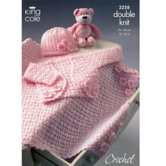 King Cole Crochet Bolero Hat and Pram Blanket 3258